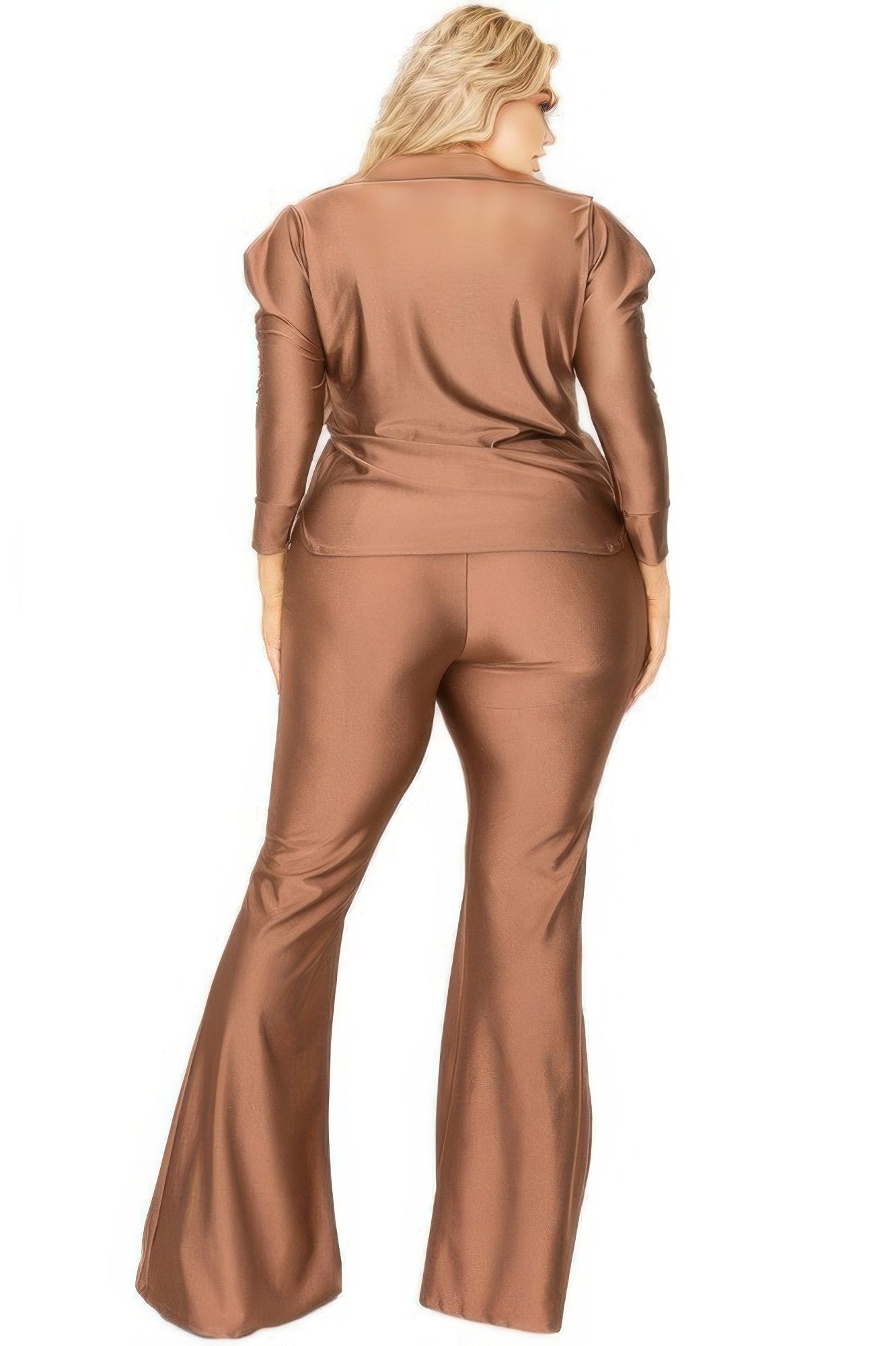 Satin 3/4 sleeve wide-leg pants set by Toshe Women's Fashions, featuring a stylish matching top and flowing pants.