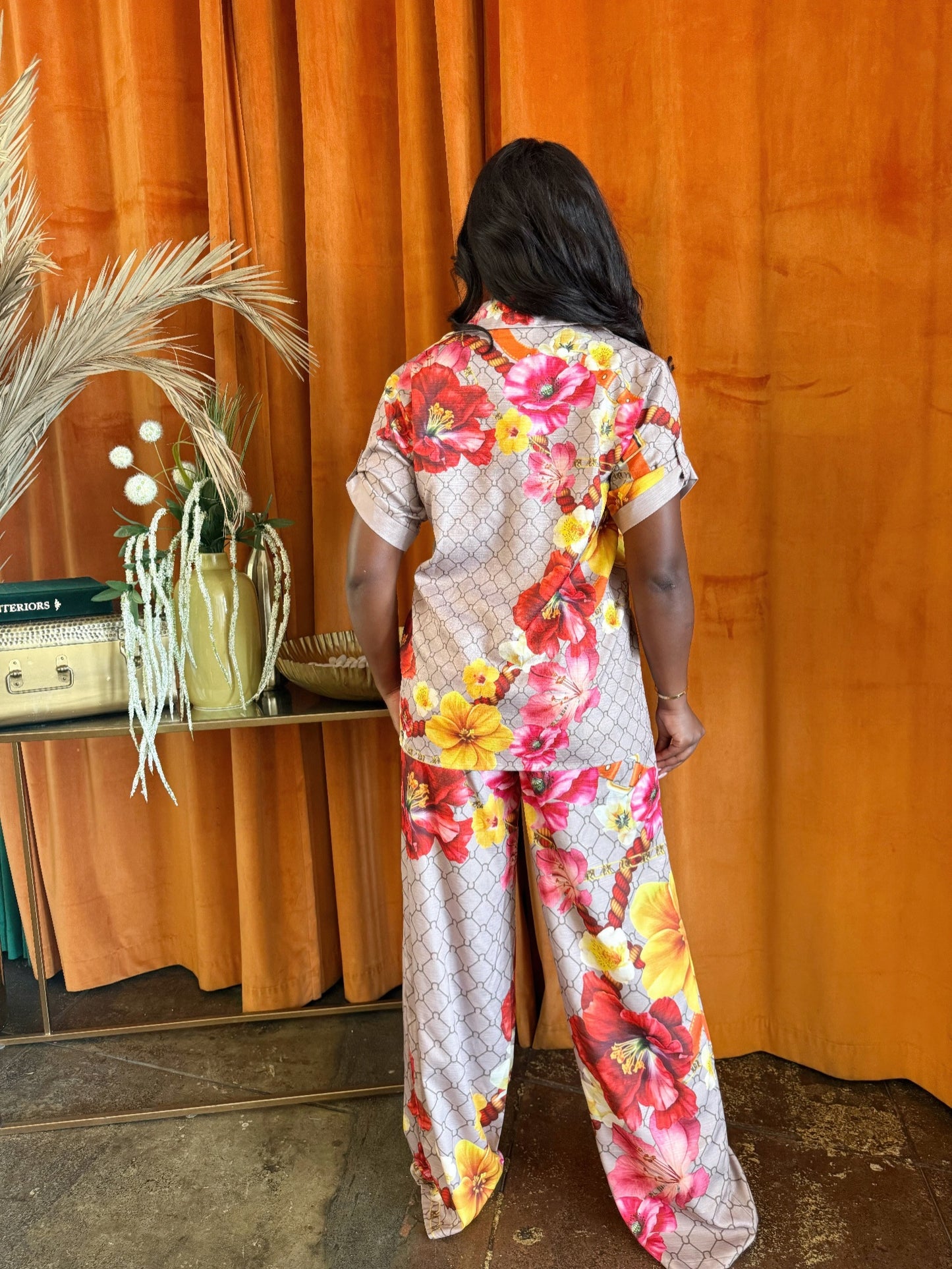 Tropical Muse button top and pants set for women, featuring vibrant tropical print and casual stylish fit by Toshe Women's Fashions.