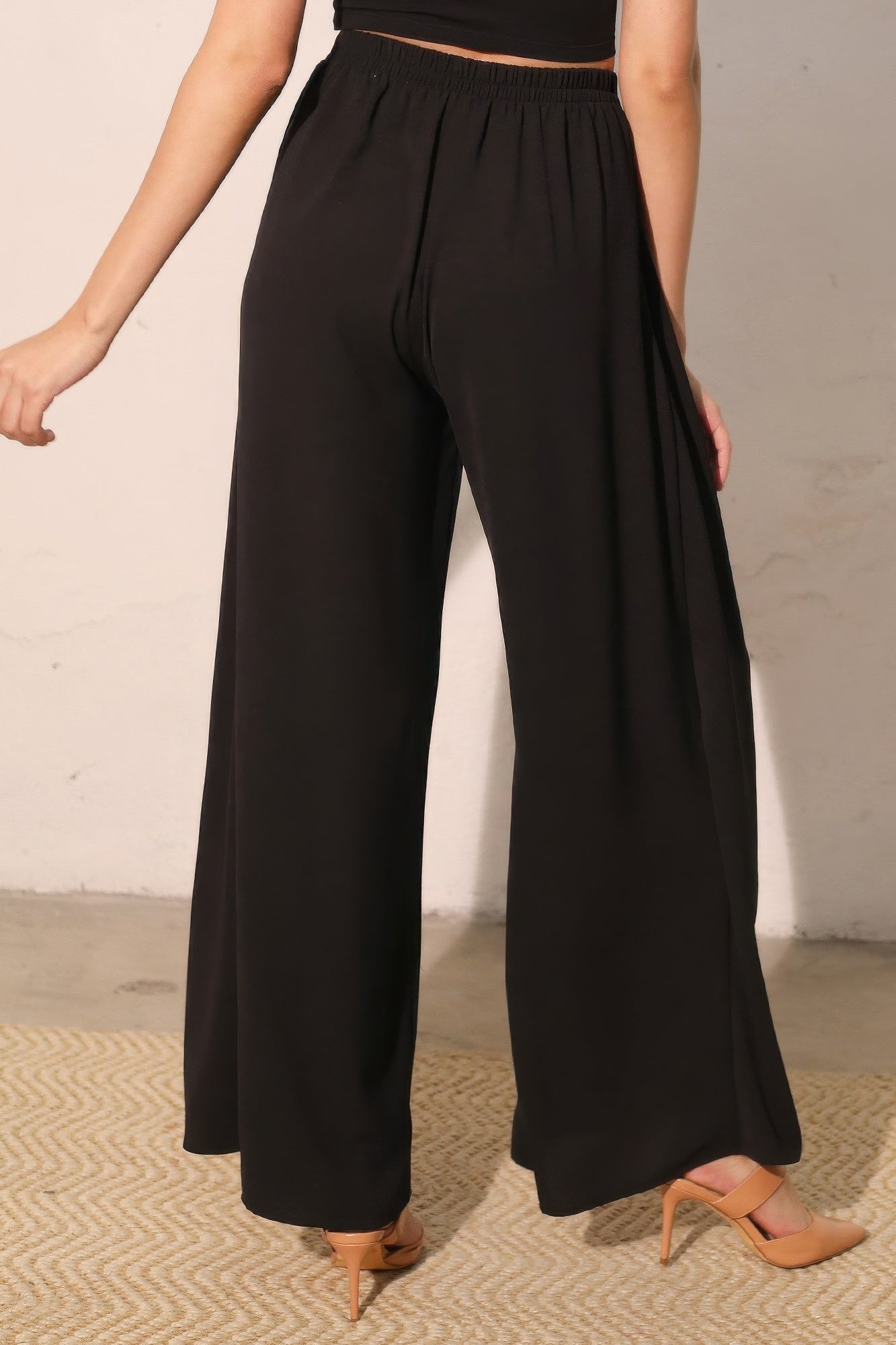 Matte crepe overlap pants from Toshe Women's Fashions, featuring a stylish layered design and tailored fit.