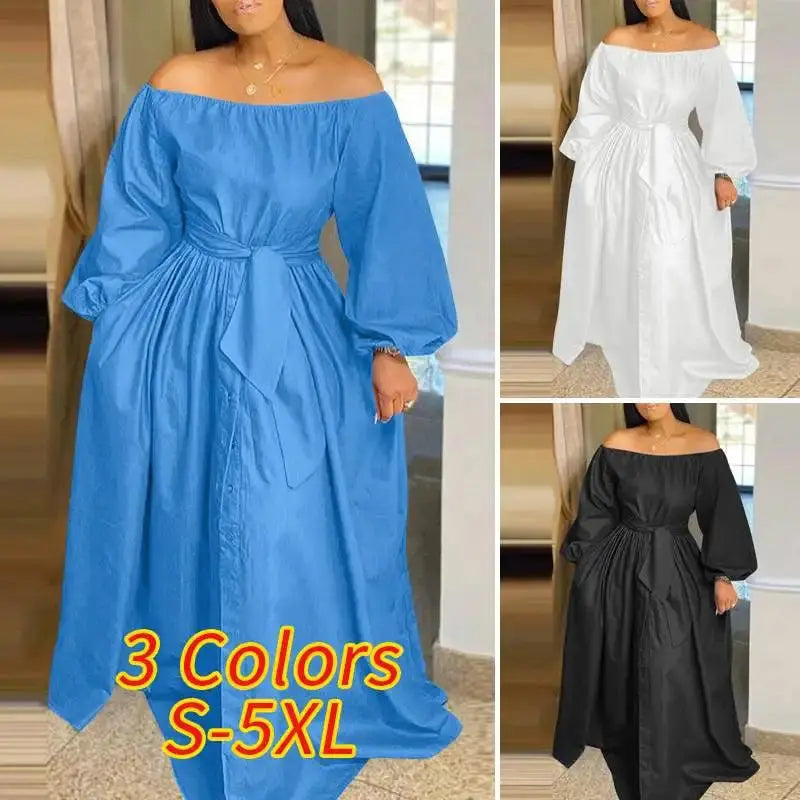 Plus Size  Dress Autumn Long Maxi Sundress Casual Solid Elegant Off Shoulder Toshe Womens Fashions