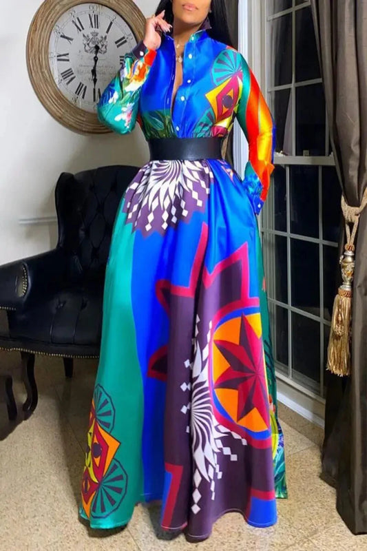 Plus Size Blue Printed Maxi Dress – Flowy Long Dress (S–5XL)