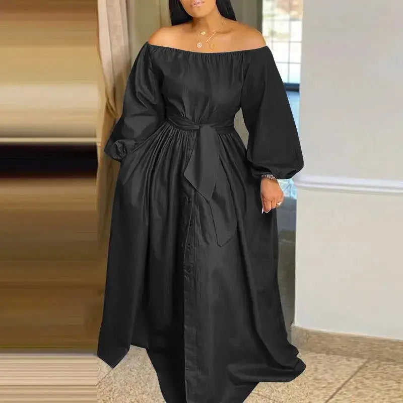 Plus Size  Dress Autumn Long Maxi Sundress Casual Solid Elegant Off Shoulder Toshe Womens Fashions