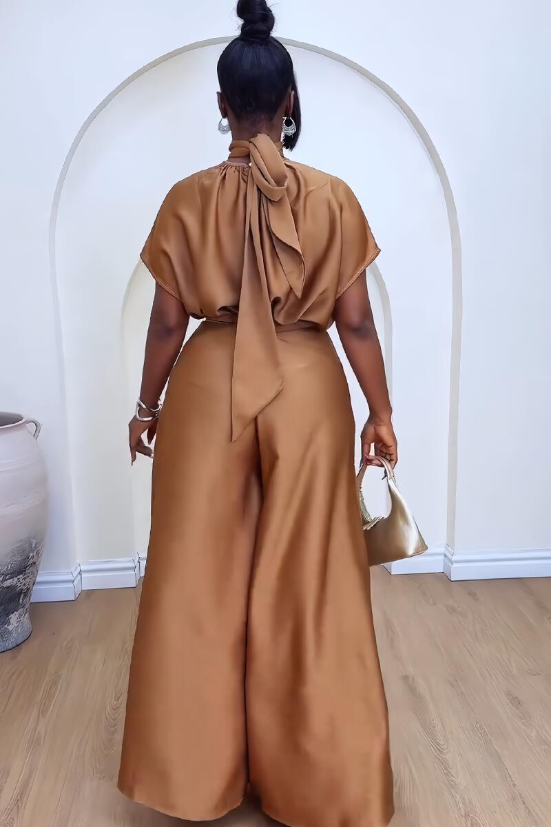 Satin Scarf Wrapped Collar Shirt & Wide Leg Pant Set