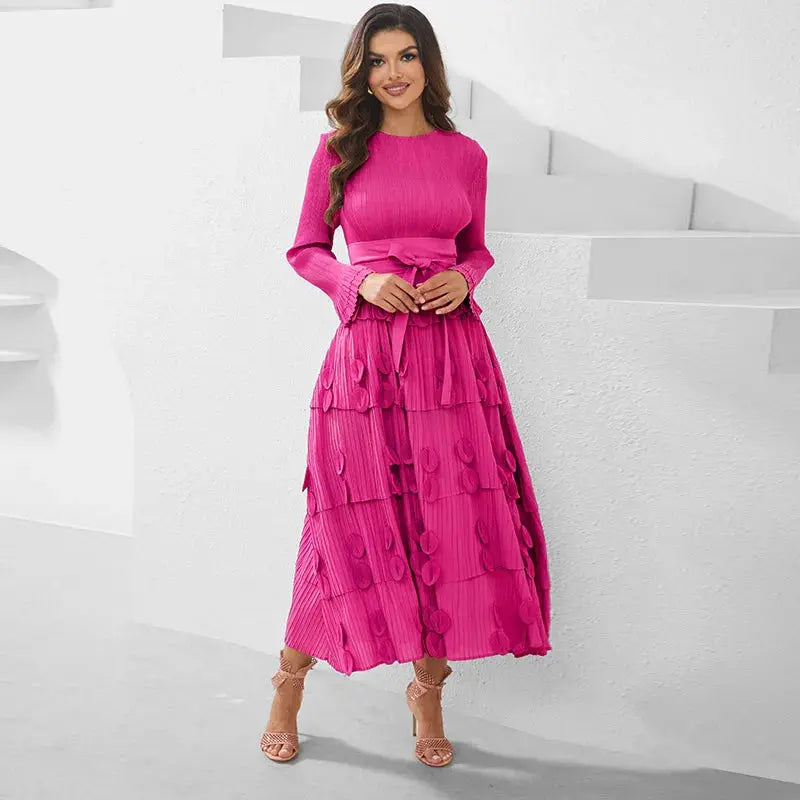 Pleated Socialite Shell Flower Lace-up Pleated Long Dresses Toshe Womens Fashions