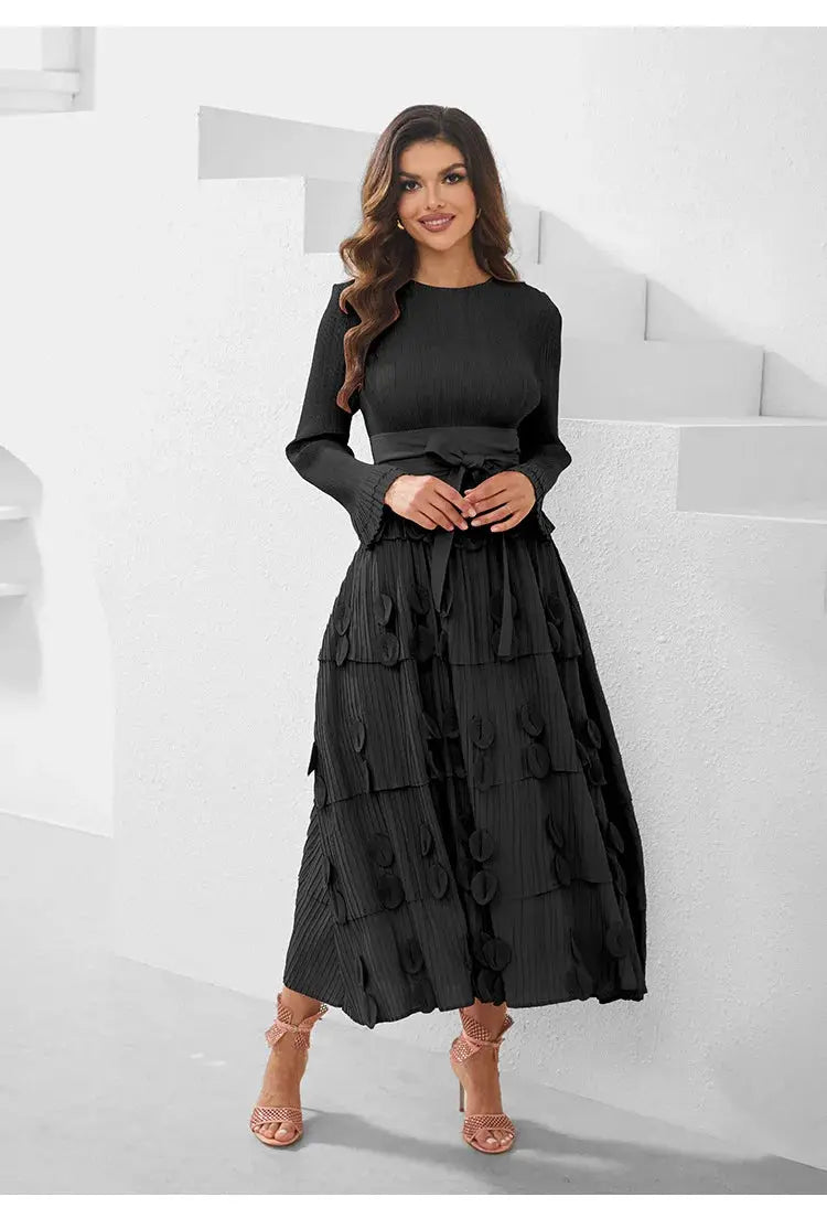 Pleated Socialite Shell Flower Lace-up Pleated Long Dresses Toshe Womens Fashions