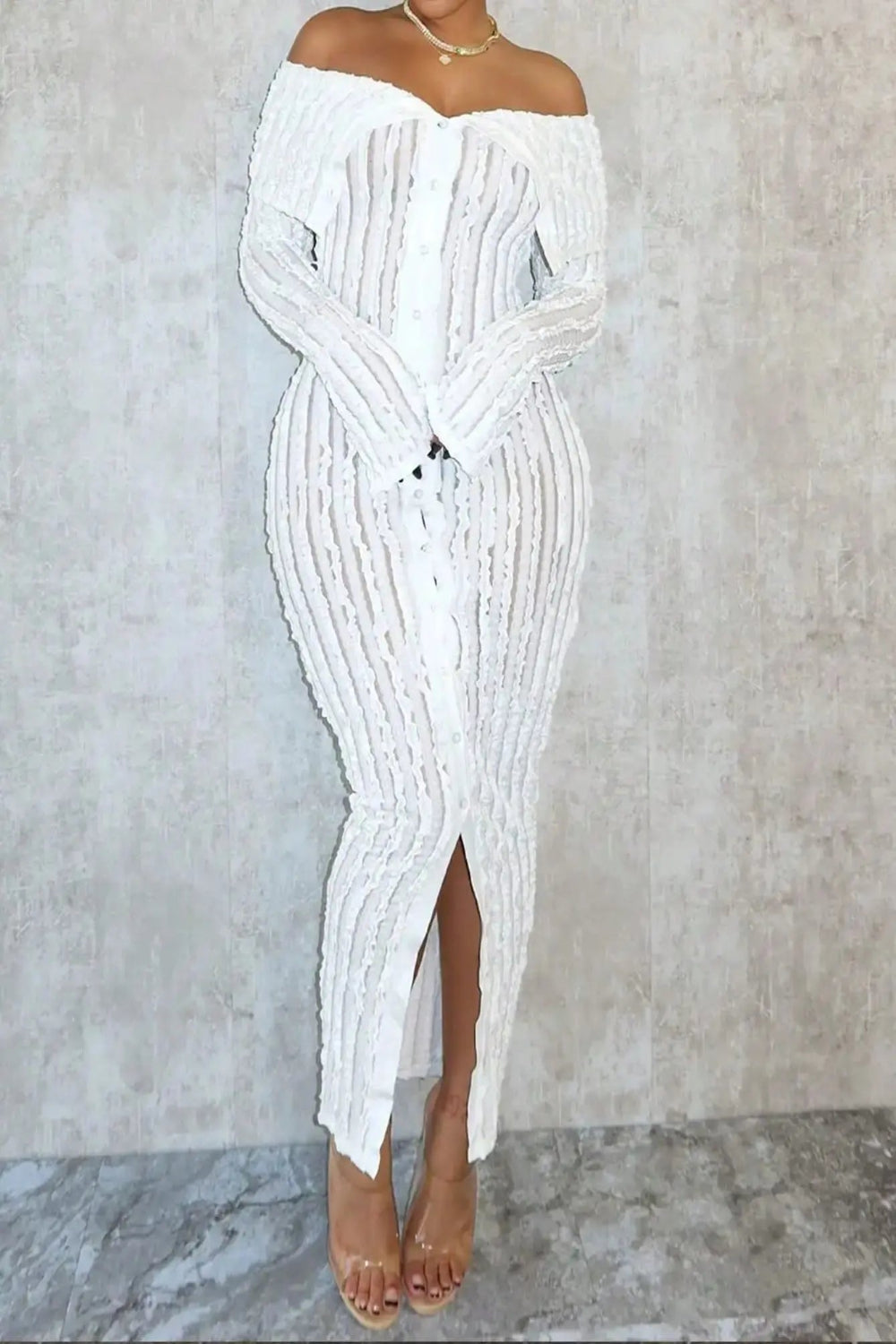 Women Elegant Off Shoulder Dress Long Sleeve Button Down High Split Bodycon Dress Prom Evening Party Toshe Women's Fashions