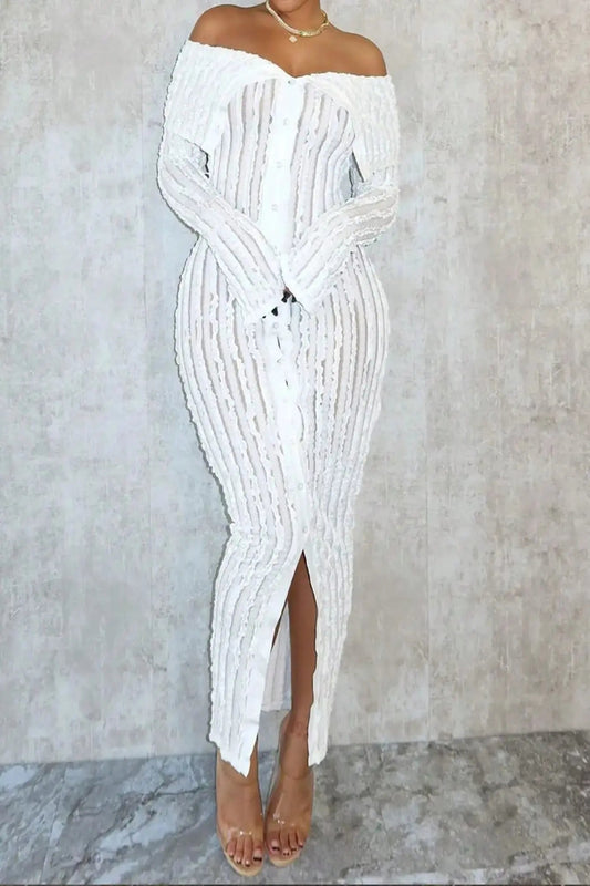 Women Elegant Off Shoulder Dress Long Sleeve Button Down High Split Bodycon Dress Prom Evening Party Toshe Women's Fashions