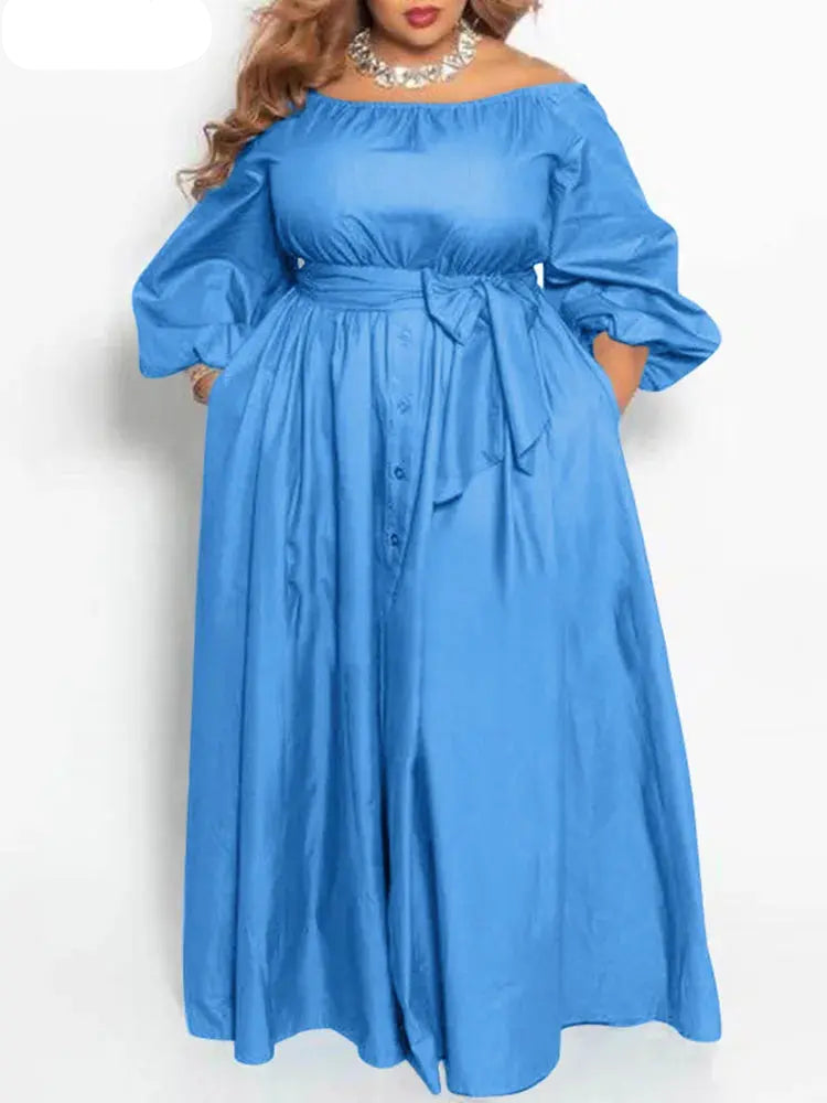 Plus Size  Dress Autumn Long Maxi Sundress Casual Solid Elegant Off Shoulder Toshe Womens Fashions
