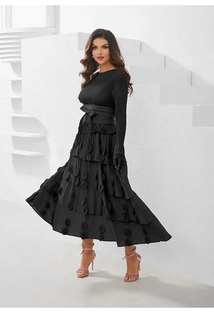 Pleated Socialite Shell Flower Lace-up Pleated Long Dresses Toshe Womens Fashions