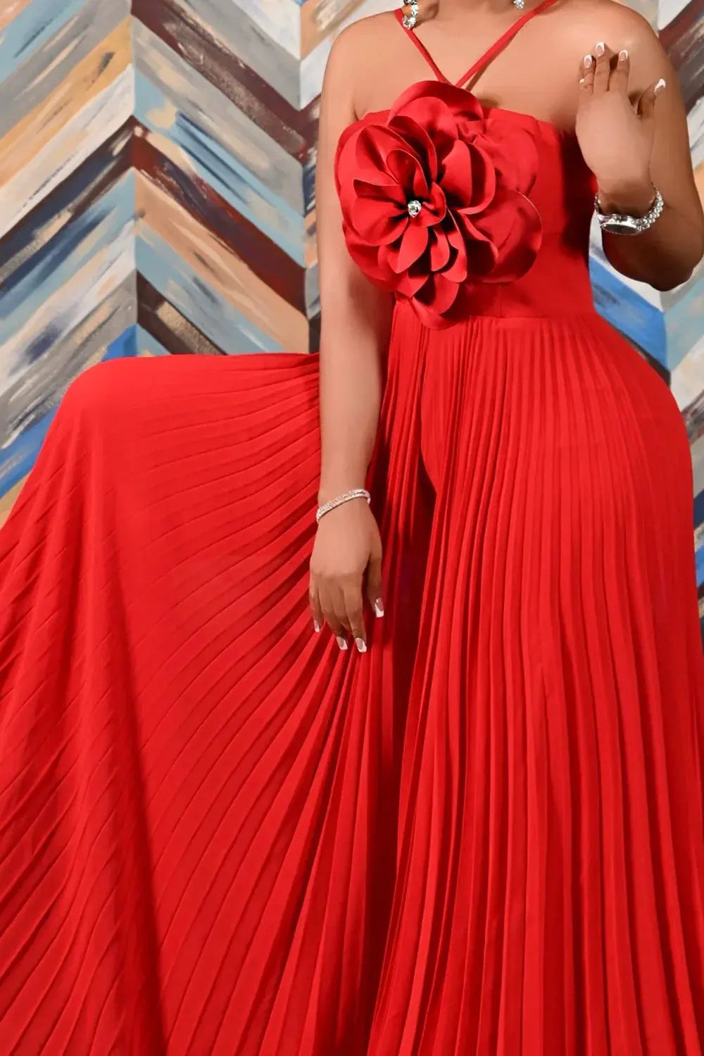 Rushed Wide Leg Jumpsuit Vacation Yellow Halter Collar 3D Pleated Chiffon Pleated Spaghetti Straps Elegant Jumpsuit 2 Toshe Womens Fashions