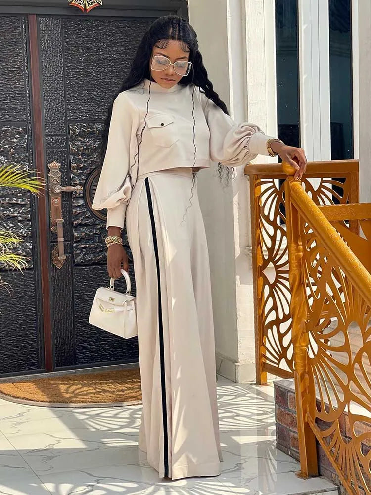 Beige Crop Top & High-Waist Wide-Leg Pants Set – Two-Piece Tailored Suit for Women