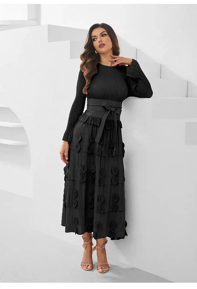 Pleated Socialite Shell Flower Lace-up Pleated Long Dresses Toshe Womens Fashions