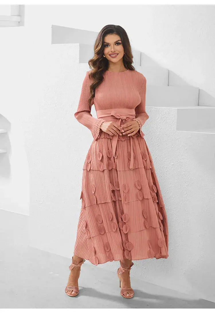 Pleated Socialite Shell Flower Lace-up Pleated Long Dresses Toshe Womens Fashions