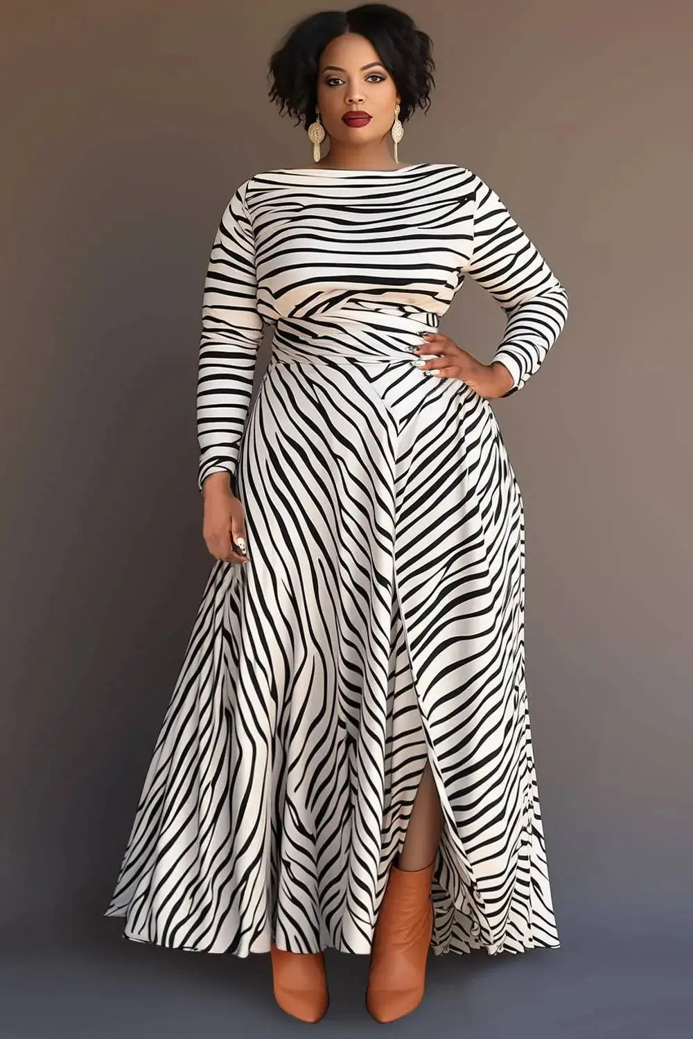Plus Size Business Casual White Water Ripples Round Neck Long Sleeve Split Knitted Maxi Dresses Toshe Women's Fashions
