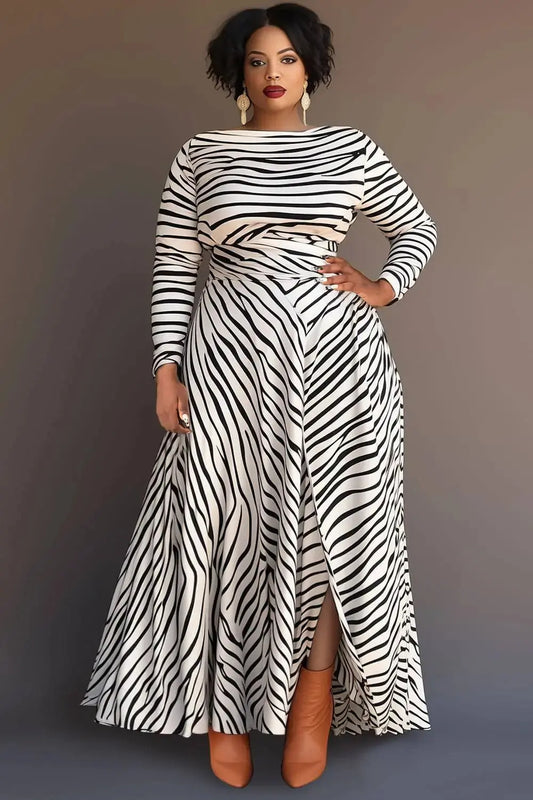 Plus Size Business Casual White Water Ripples Round Neck Long Sleeve Split Knitted Maxi Dresses Toshe Women's Fashions