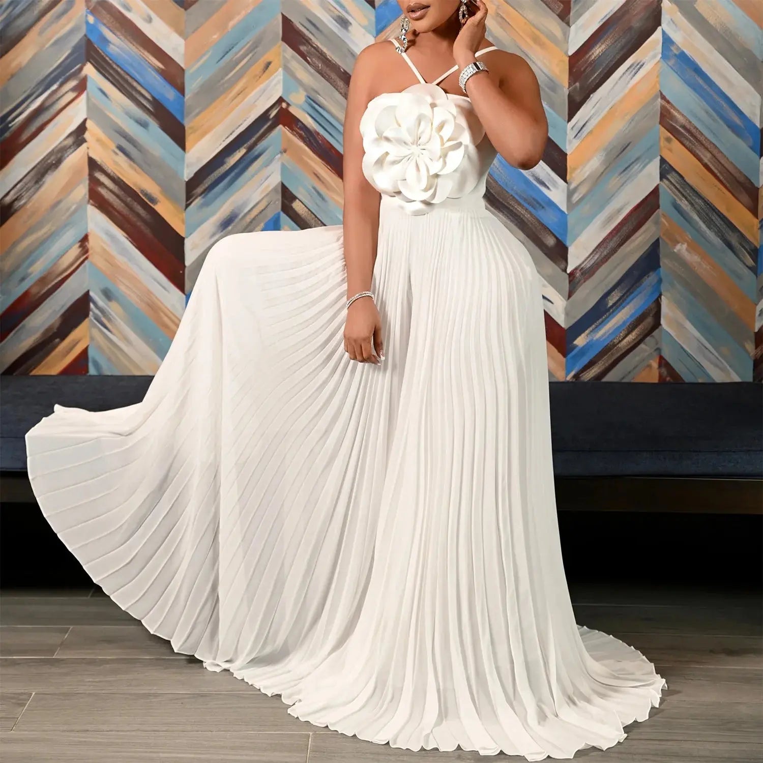 Rushed Wide Leg Jumpsuit Vacation Yellow Halter Collar 3D Pleated Chiffon Pleated Spaghetti Straps Elegant Jumpsuit 2 Toshe Womens Fashions