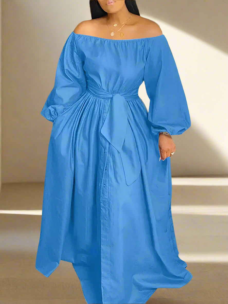Plus Size  Dress Autumn Long Maxi Sundress Casual Solid Elegant Off Shoulder Toshe Womens Fashions