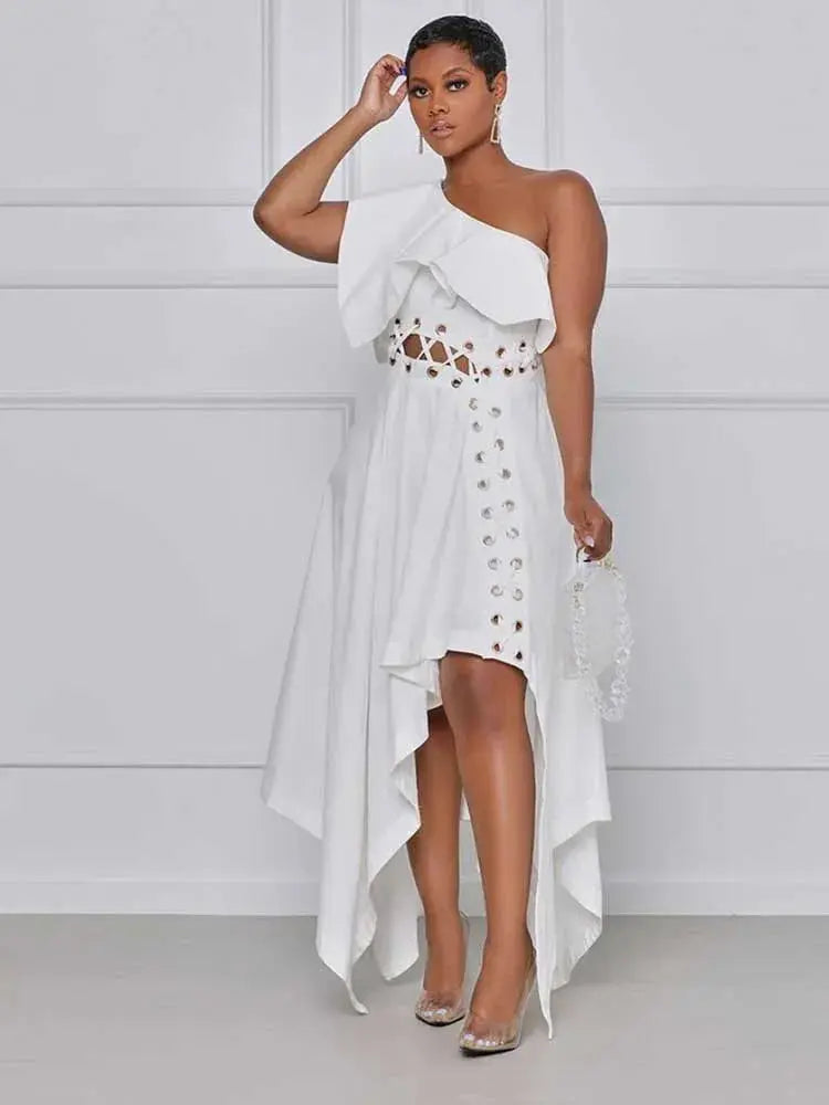 Summer One Piece Dress White Party Solid Waist Dress Toshe Womens Fashions