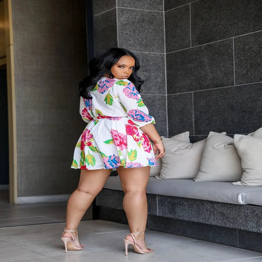 Pleated Flower Print V-Neck Mini Dress Toshe Women's Fashions