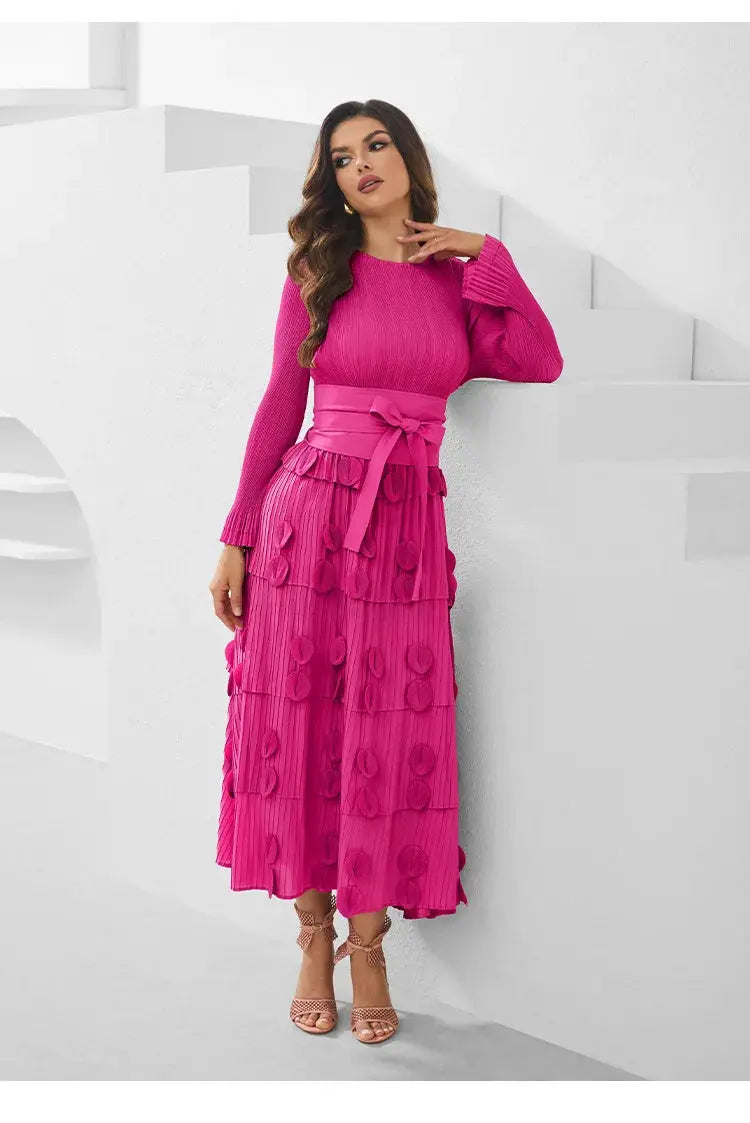 Pleated Socialite Shell Flower Lace-up Pleated Long Dresses Toshe Womens Fashions