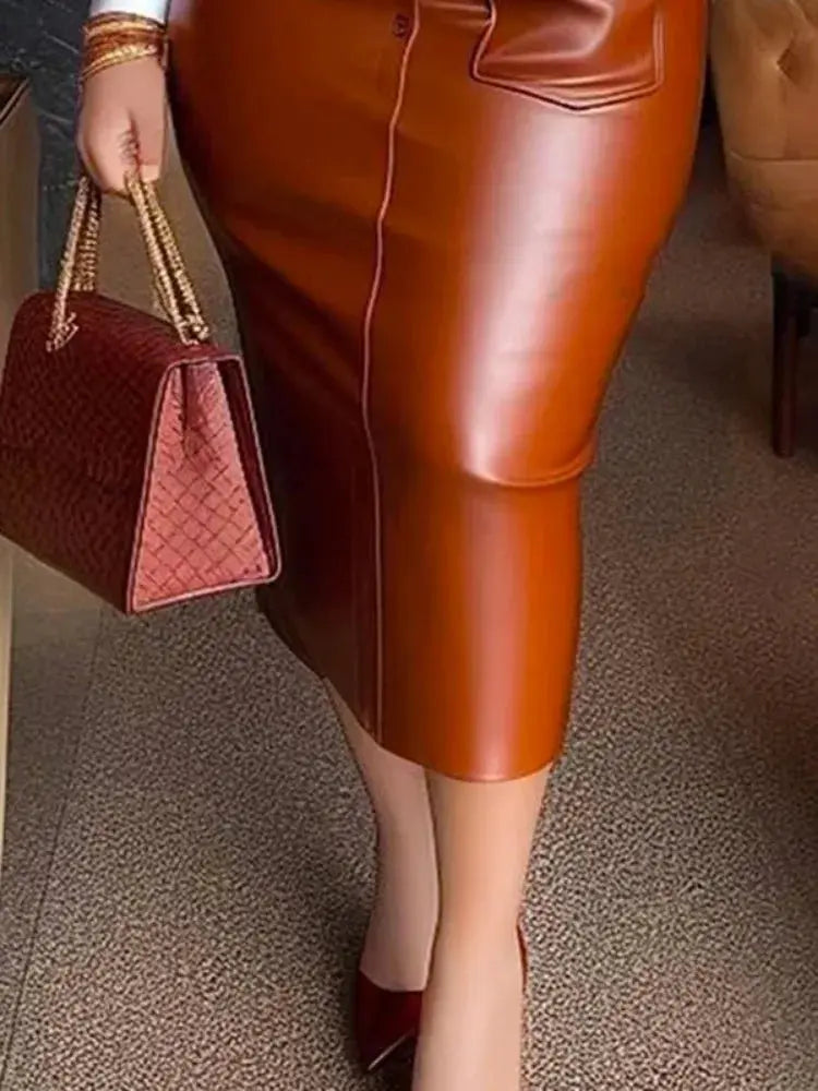 Shirt and PU Skirt, Long Sleeve Patchwork Pocket Skinny Belted Lapel  Midi Dress Toshe Womens Fashion