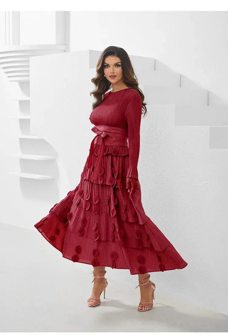 Pleated Socialite Shell Flower Lace-up Pleated Long Dresses Toshe Womens Fashions