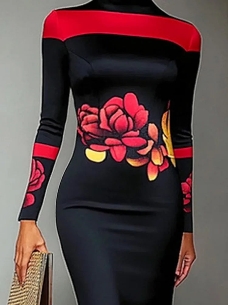 Black and Red Floral Print Evening Bodycon Dress