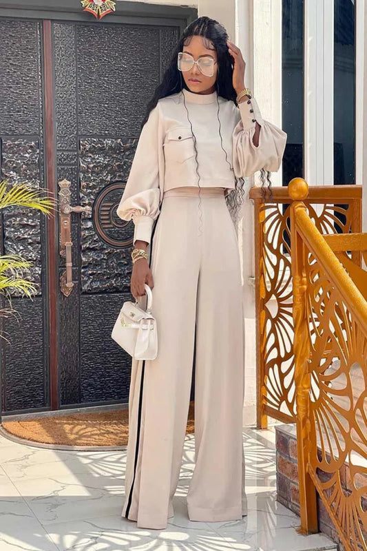 Beige Crop Top & High-Waist Wide-Leg Pants Set – Two-Piece Tailored Suit for Women