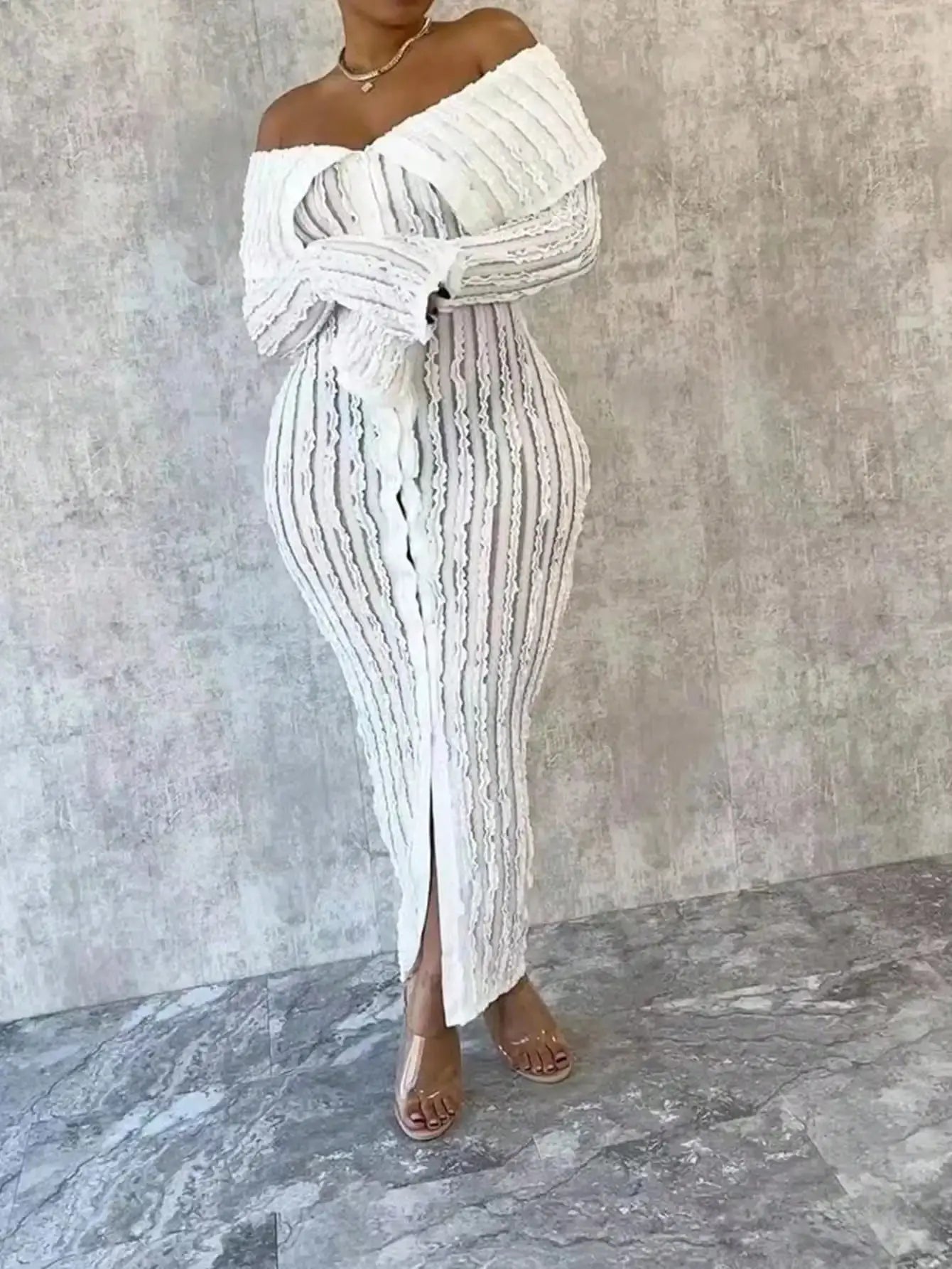 Women Elegant Off Shoulder Dress Long Sleeve Button Down High Split Bodycon Dress Prom Evening Party Toshe Women's Fashions