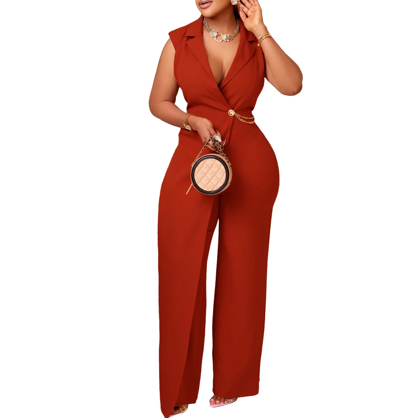Elegant V-Neck Sleeveless Jumpsuit – High-Waist Chain with Collar Detail