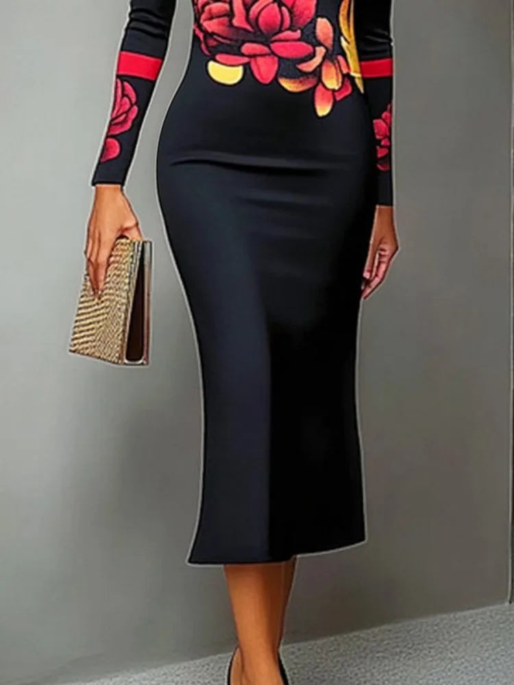 Black and Red Floral Print Evening Bodycon Dress