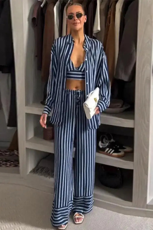 Pinstriped Single Breasted Shirt and Wide Leg Pants Suit Toshe Women's Fashions