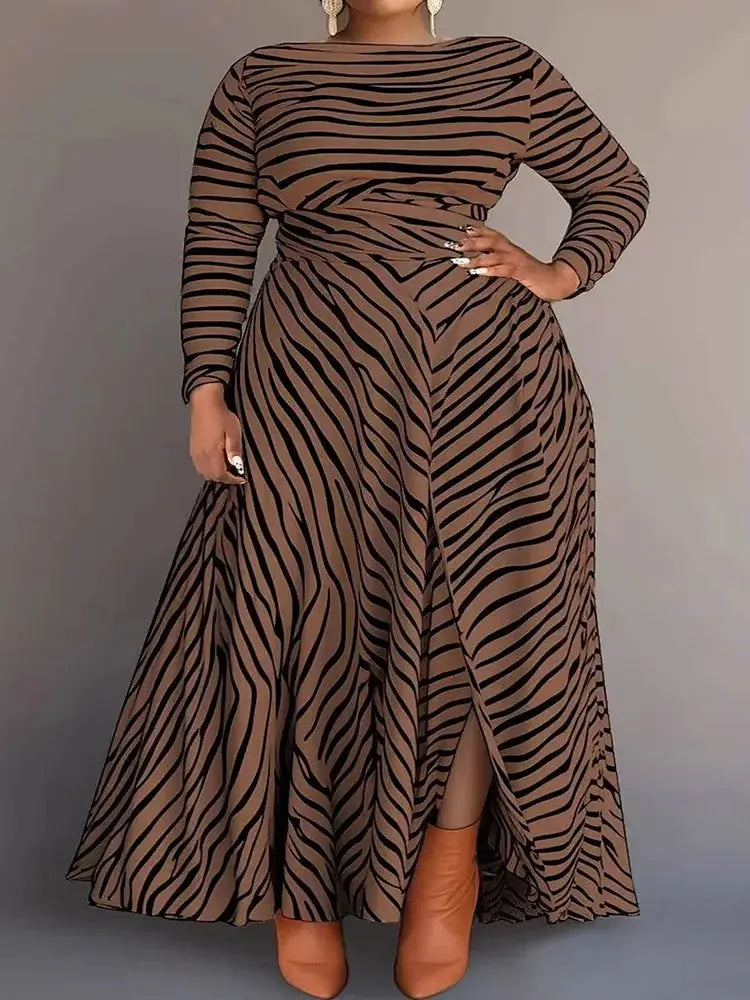 Plus Size Women's Long Dresses Pleated A-Line Business Casual Water Ripples Round Neck Long Sleeve Split Maxi Dress Toshe Womens Fashions