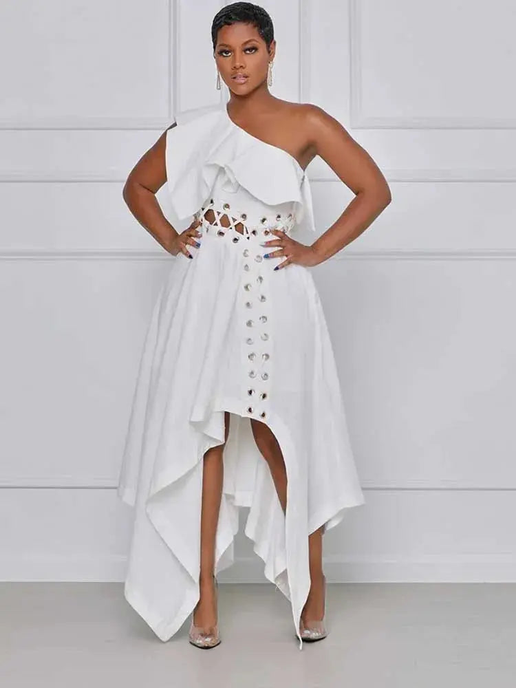 Summer One Piece Dress White Party Solid Waist Dress Toshe Womens Fashions