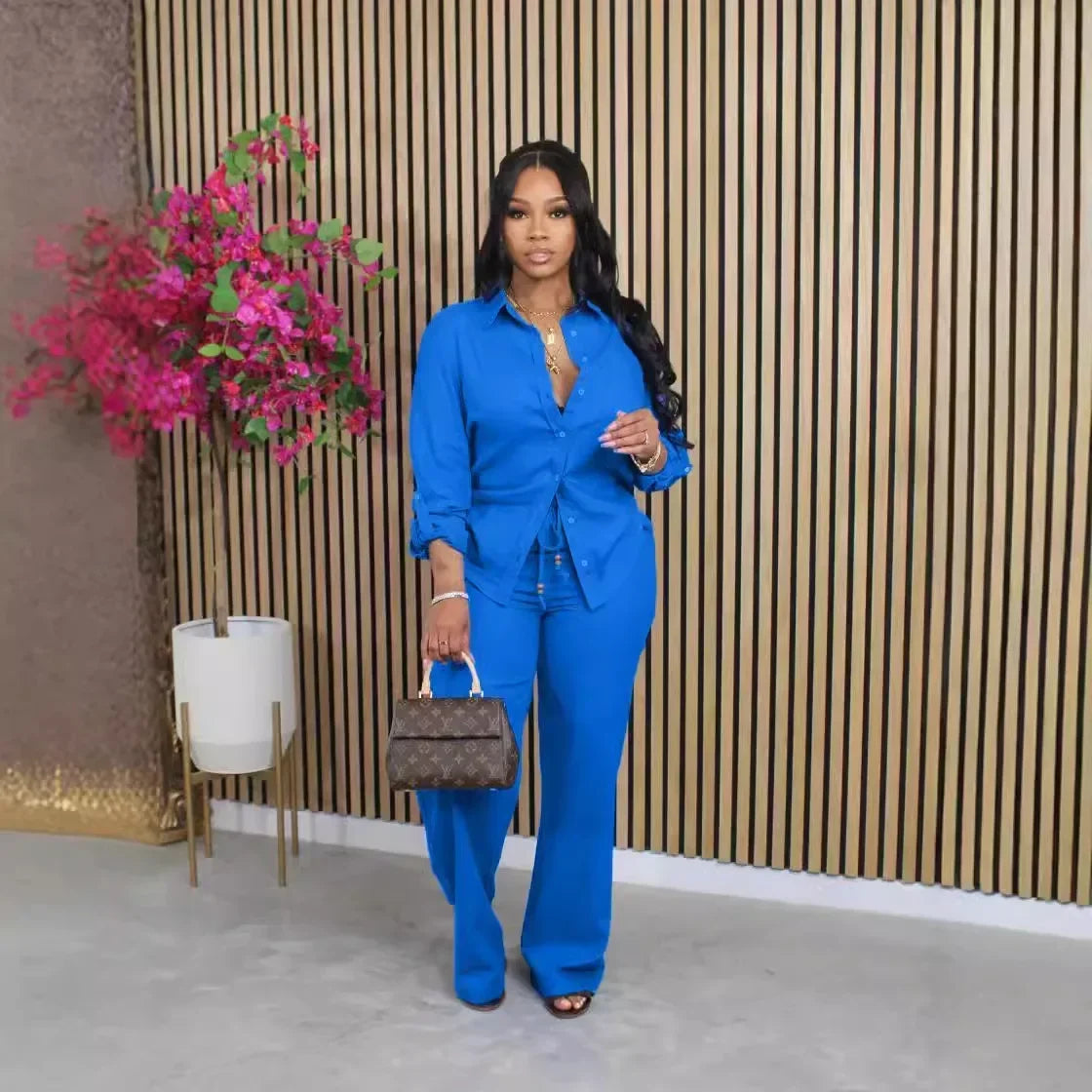Button-Front Shirt & Straight-Leg Pants Set – Casual Chic Two-Piece for Women