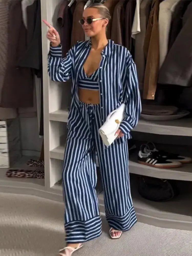 Pinstriped Single Breasted Shirt and Wide Leg Pants Suit Toshe Women's Fashions