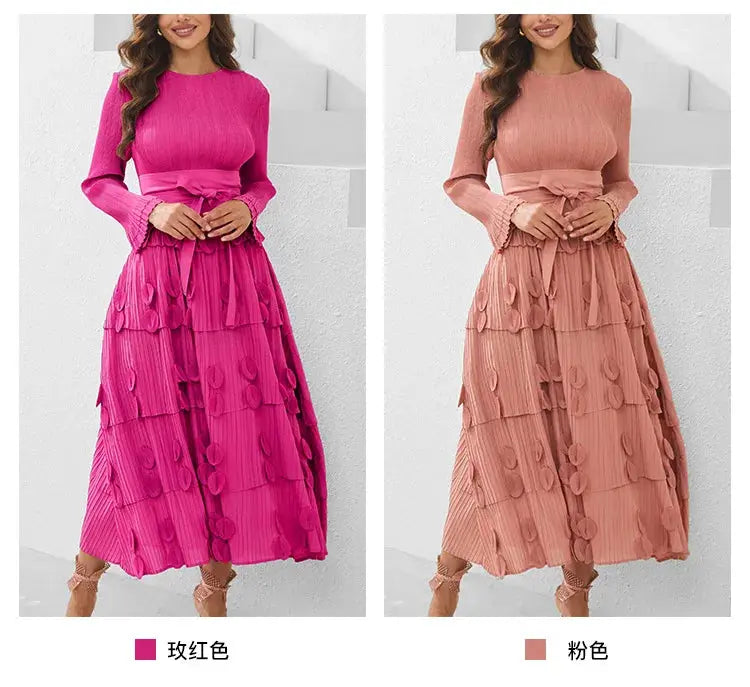 Pleated Socialite Shell Flower Lace-up Pleated Long Dresses Toshe Womens Fashions