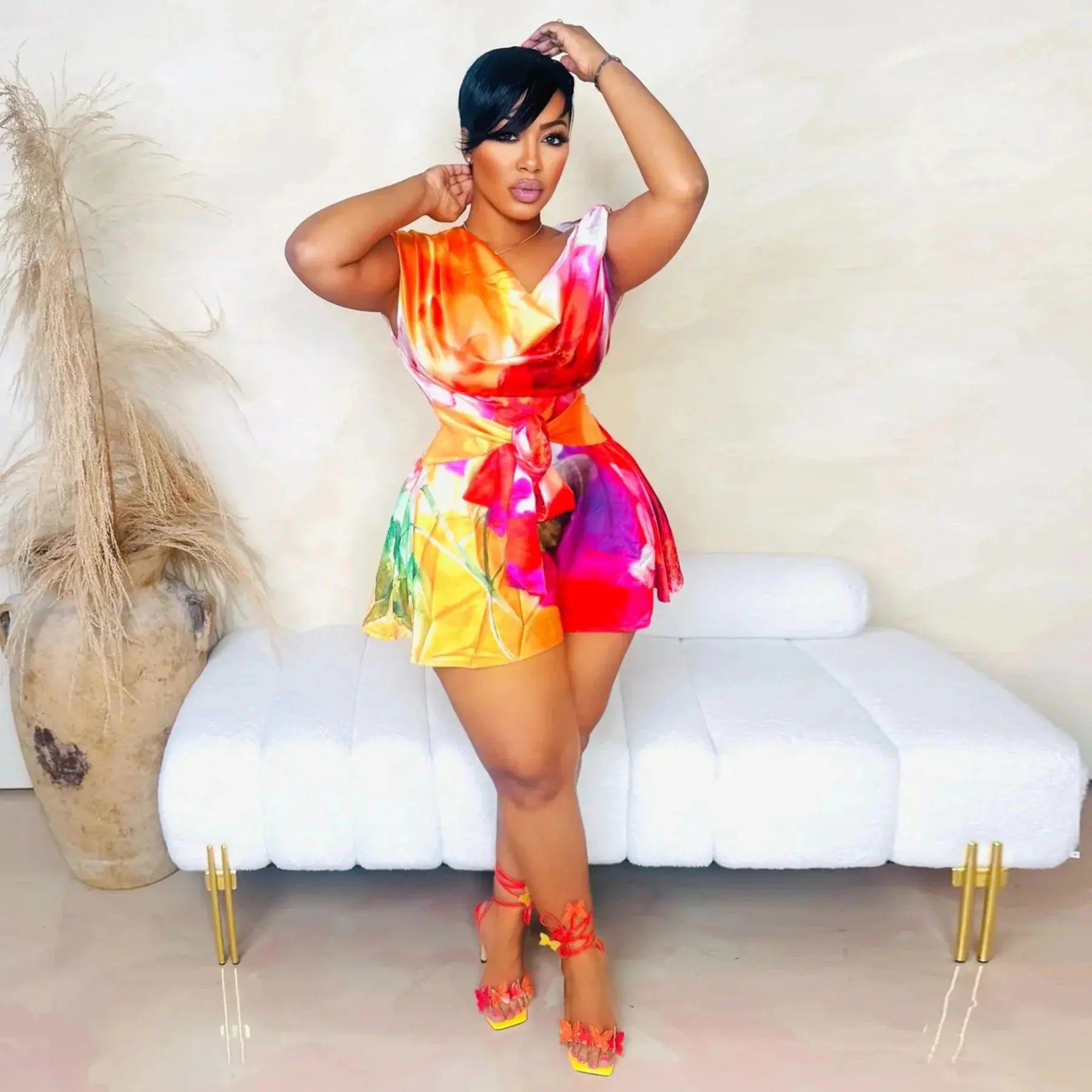 Colorful Tie Dye Print Sleeveless Romper Toshe Women's Fashions