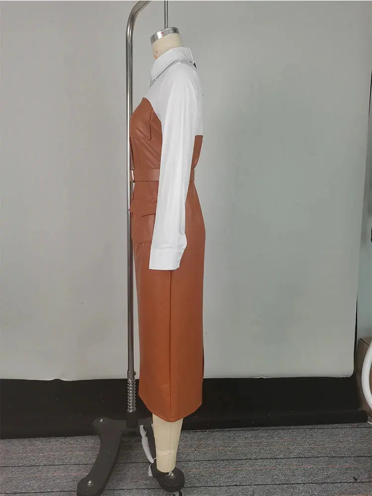 Shirt and PU Skirt, Long Sleeve Patchwork Pocket Skinny Belted Lapel  Midi Dress Toshe Womens Fashion