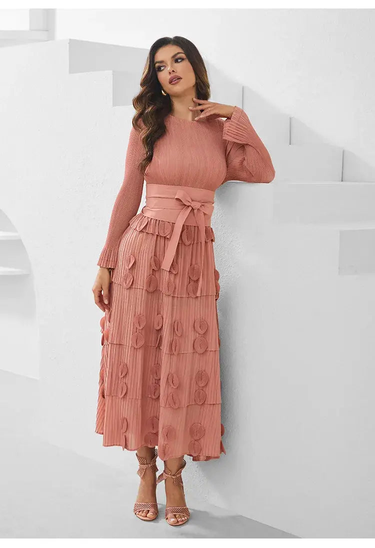 Pleated Socialite Shell Flower Lace-up Pleated Long Dresses Toshe Womens Fashions