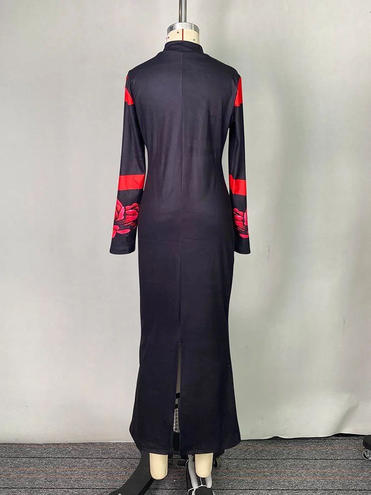 Black and Red Floral Print Evening Bodycon Dress