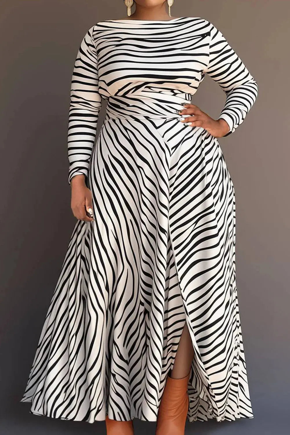 Plus Size Business Casual White Water Ripples Round Neck Long Sleeve Split Knitted Maxi Dresses Toshe Women's Fashions