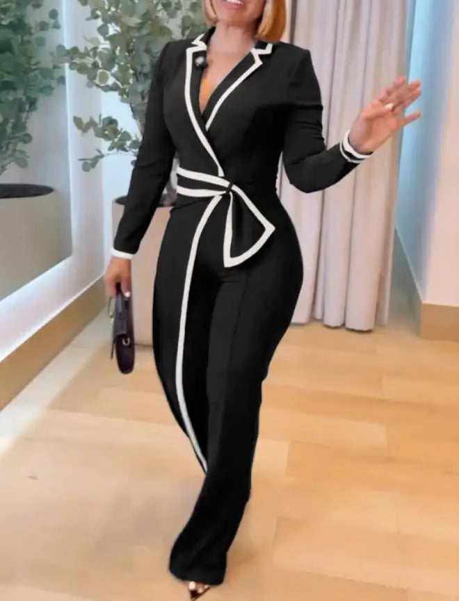 Black Collared White Piping Belted Jumpsuit