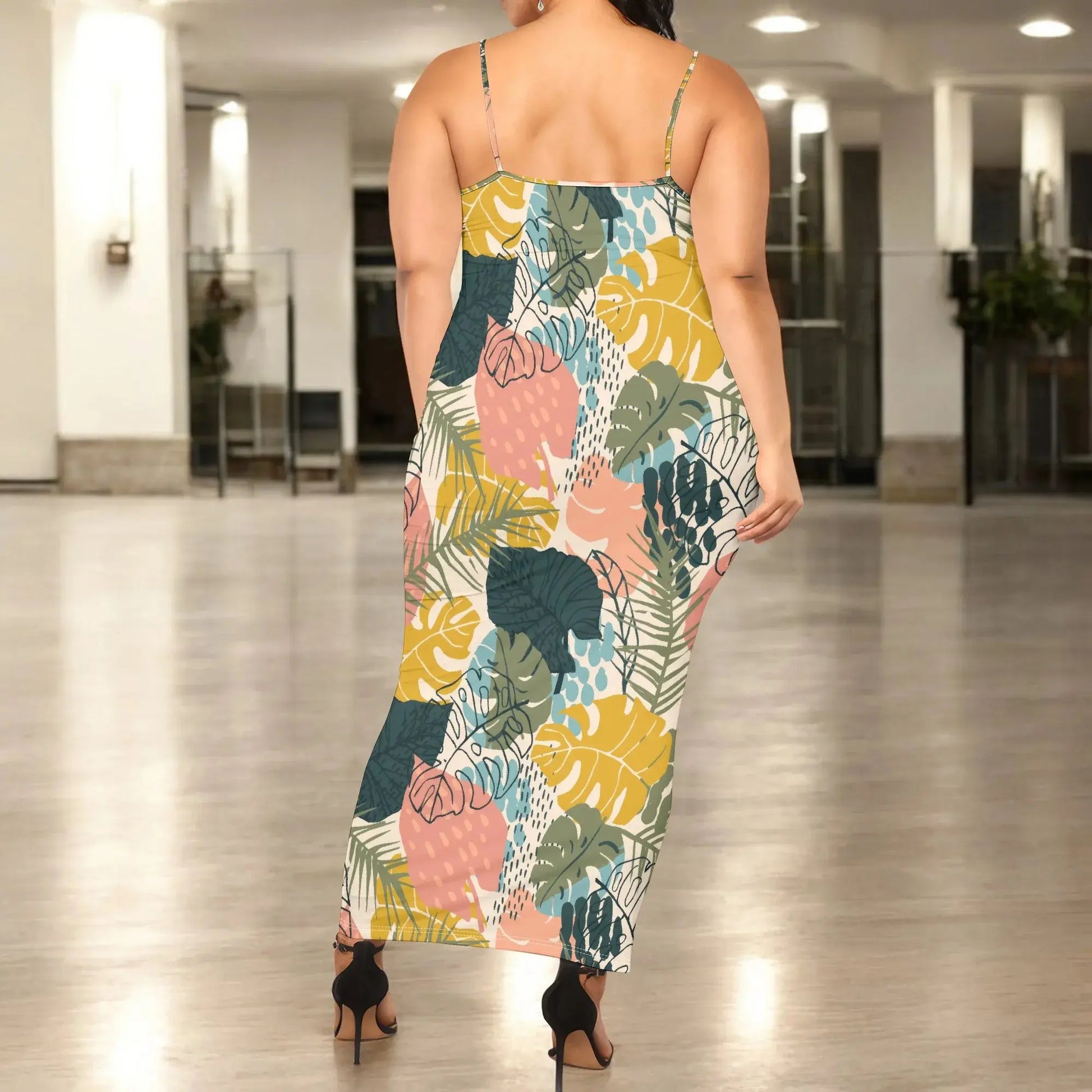 Tropical Leaf Print Strappy Maxi Dress Toshe Womens Fashions