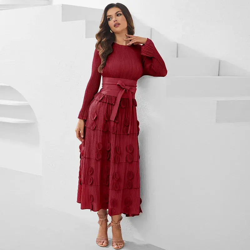 Pleated Socialite Shell Flower Lace-up Pleated Long Dresses Toshe Womens Fashions