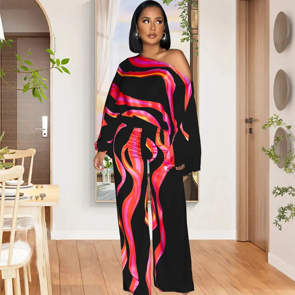 Abstract Printed Single Shoulder Diagonal Collar Long Sleeved Wide Leg Jumpsuit Toshe Womens Fashion