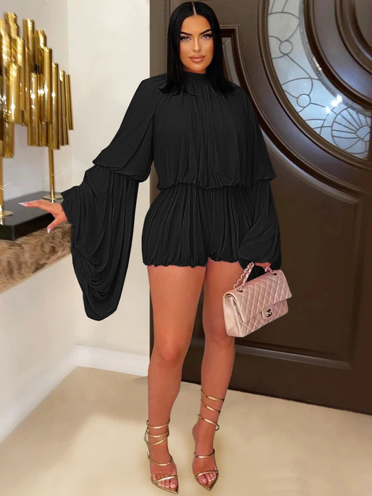 Ruffle Mesh Romper – Tiered Batwing Sleeve Short Jumpsuit for Parties & Brunch