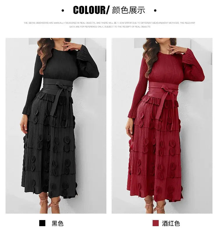 Pleated Socialite Shell Flower Lace-up Pleated Long Dresses Toshe Womens Fashions