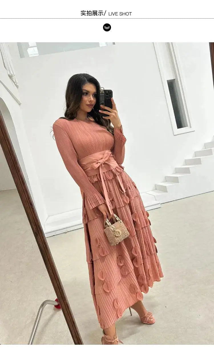 Pleated Socialite Shell Flower Lace-up Pleated Long Dresses Toshe Womens Fashions