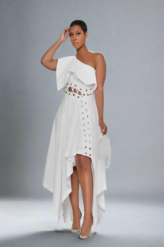 Summer One Piece Dress White Party Solid Waist Dress Toshe Womens Fashions